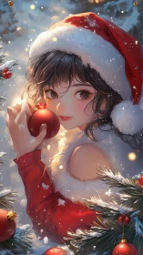 Festive anime girl with red bauble in snowy Christmas scene.