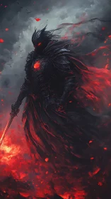 Infernal dark knight with ember-lit armor and blazing sword.