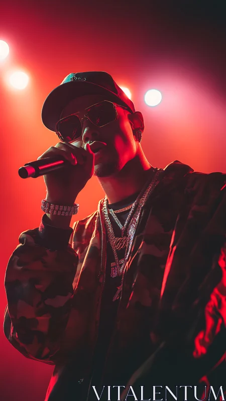 Hip-hop performer under red stage lights commands crowd.