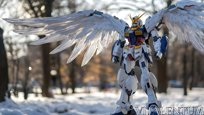 Winged mecha stands in snowy park with glowing backlight.