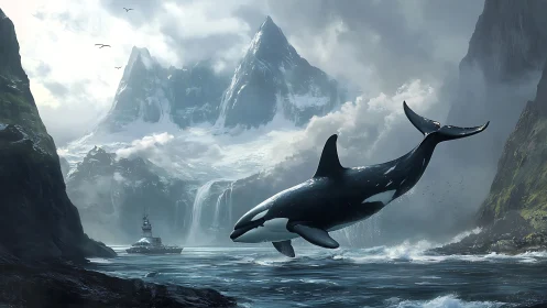 Orca breaches near ice-clad fjord cliffs under diffuse polar light