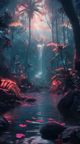 Neon lit jungle waterfall and stream in dense forest