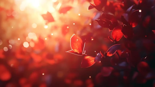 Sunlit red leaves glow softly in a warm evening breeze