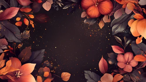 Autumn floral border design with dark negative space center.