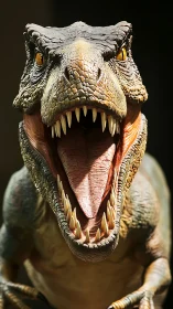 Roaring tyrannosaur lunges forward with sunlit, razored grin