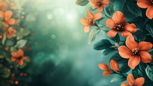 Coral-Red Flowers with Deep Teal Foliage in Soft-Focus Garden Setting