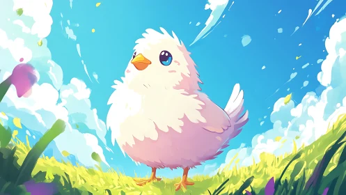 Fluffy Sky Companion: A Cheerful Chick in the Clouds.