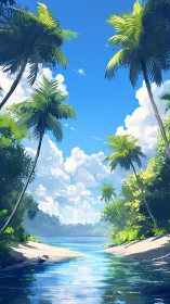 Tropical Lagoon Vista with Palm-Framed Convergence Point
