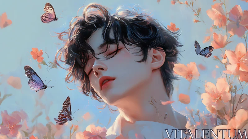 Dreamy youth amid butterflies and coral blossoms at dawn.