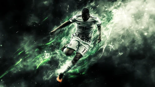 Dynamic soccer player in motion with glowing green energy.