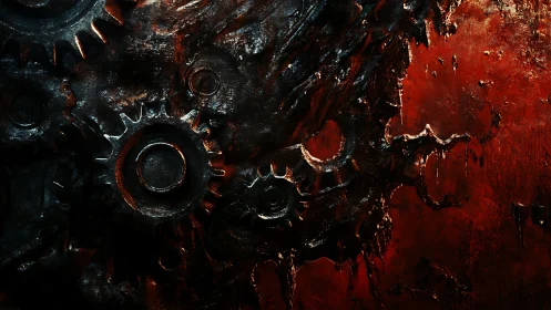 Corroded metal gears embedded in dark red textured wall.