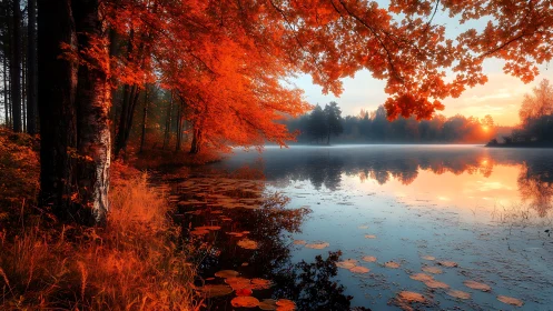 Autumn forest shoreline with reflective lake at sunrise.