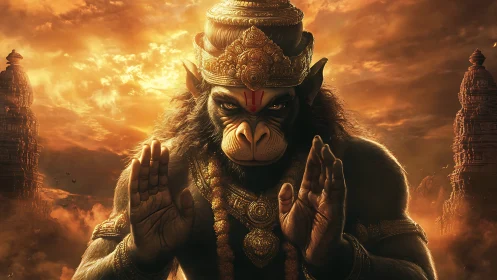 Powerful monkey warrior deity in golden temple sunset scene.