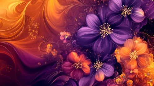 Fractal floral composition with purple and orange blossoms.