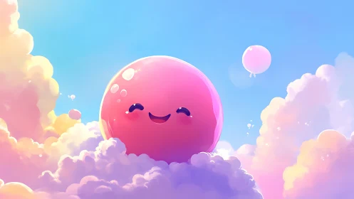 Smiling pink balloon creature floating in pastel cloudscape sky