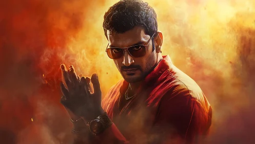 Male figure in tinted glasses stands in dense orange smoke