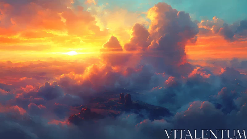 Sunset cloudscape with distant terrain and dense formations.