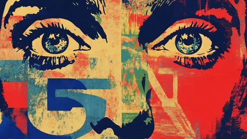 Dual-eyed abstract portrait uses high-contrast stencil layering and texture