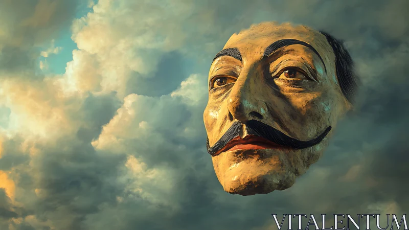 Mustached dreamer’s giant face drifting through dusk skies.