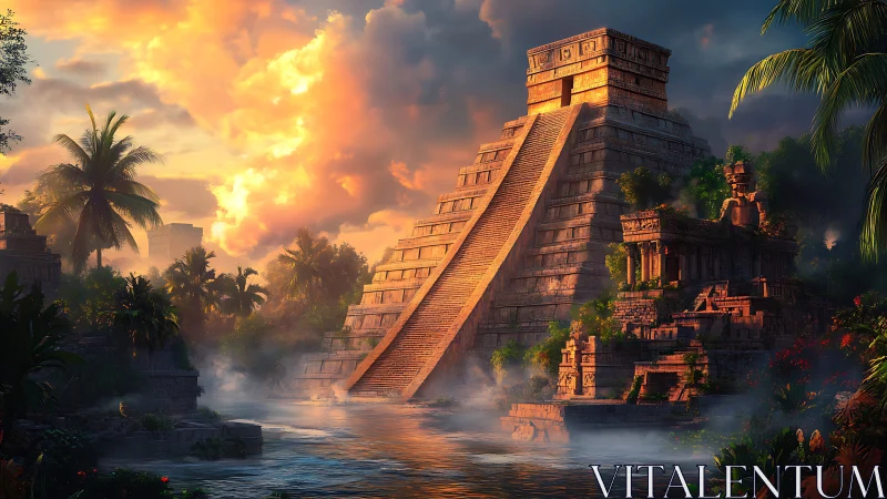 Sunlit Mesoamerican stone pyramid framed by dense tropical riverine jungle