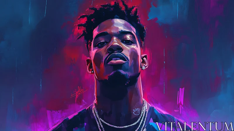 Neon-lit portrait of confident man in bold cyber hues.