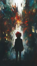 Silhouetted figure stands beneath chaotic vertical light column