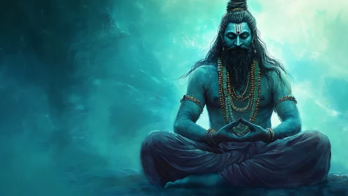 Azure mystic yogi meditates in swirling celestial calm.