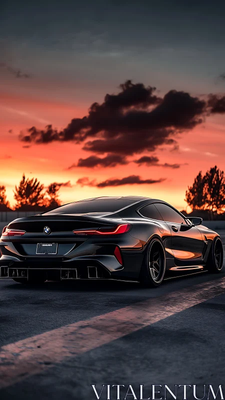 Midnight-black BMW coupe prowls beneath ember-soaked sunset.