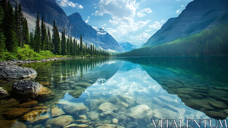 Mountain lake with clear turquoise water and pine forest.