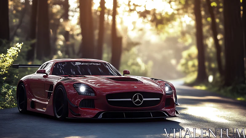 Aerodynamic red GT racer under diffused forest backlighting.
