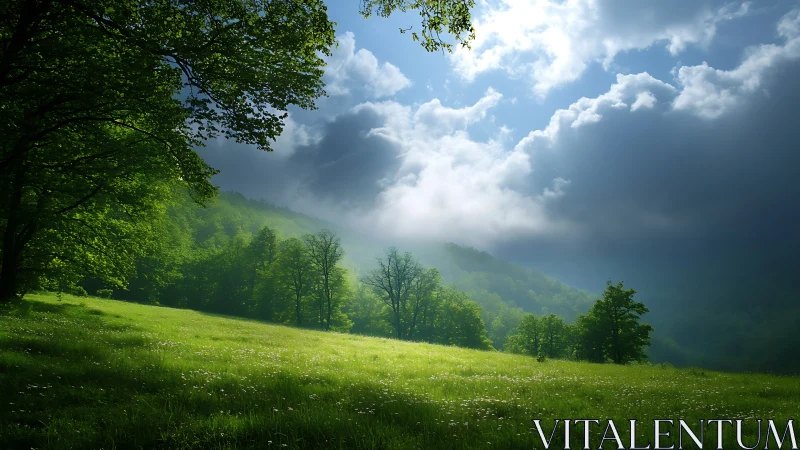 Sunlit meadow poised beneath brooding mountain clouds.