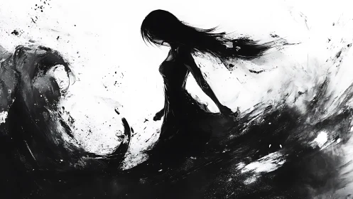 Silhouette girl commands ink storm in stark monochrome.