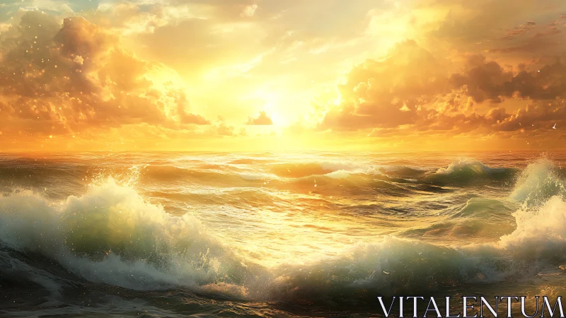 Golden sunset waves crash under radiant, glowing clouds at sea