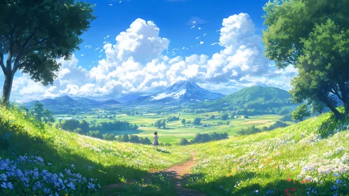 Expansive alpine valley rendered in luminous anime landscape
