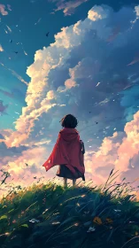 Solitary child in red cape gazes toward towering dream clouds