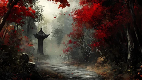Misty Forest Path with Red Foliage and Ornamental Tower