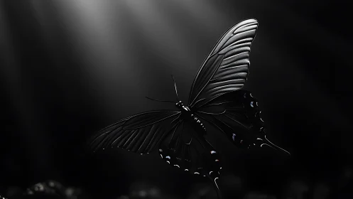 Luminous black butterfly poised in dramatic spotlight glow.