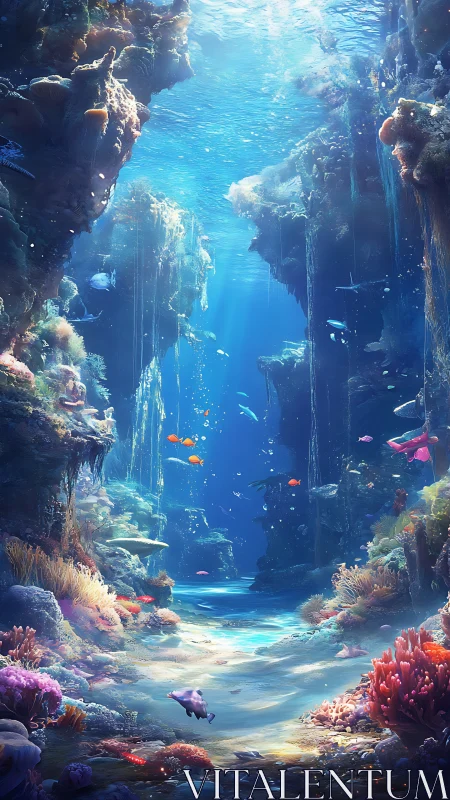 Luminous coral canyon with sunlit fish and drifting currents.