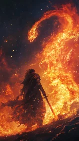 Warrior Faces Inferno Flames in Dramatic Battle Scene