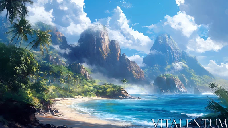 Tropical Island Landscape with Mountainous Peaks and Sandy Shoreline