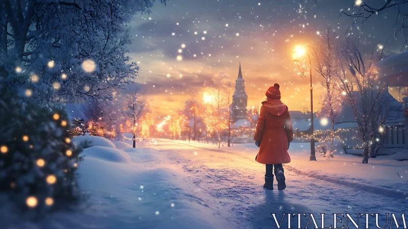 Solitary figure walks through glowing winter city street.