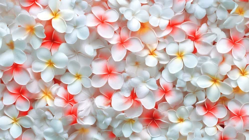 Plumeria flowers display red and white petals with yellow centers in close composition
