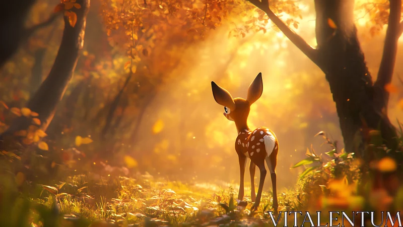 Young cartoon deer in warm autumn forest clearing.