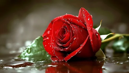 Crimson Bloom Kissed by Raindrops: Nature's Velvet Rose.