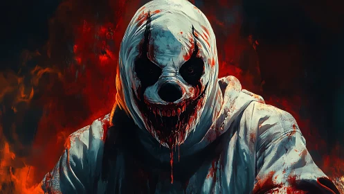 Blood-soaked skull-masked figure emerges from burning shadows