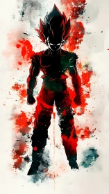 Ink-splattered warrior silhouette blazing in crimson storm.