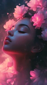 Side profile portrait with glowing pink flowers around face.
