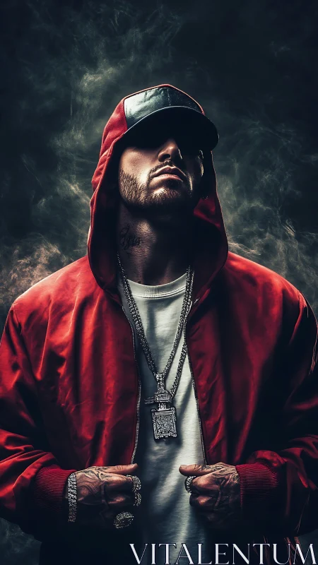 Smoke crowned street king in crimson hooded swaggered stance.