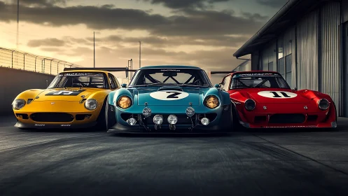 Colorful classic race cars lined up under a soft sunset glow.