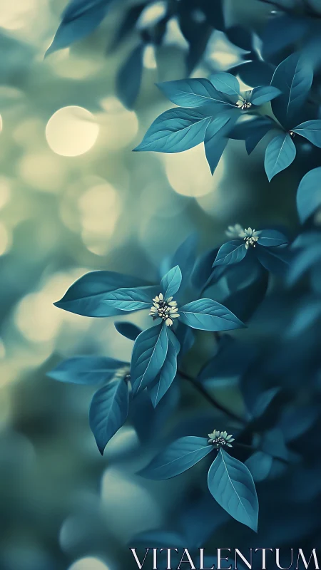Gentle teal leaves and tiny blossoms glowing in soft light.